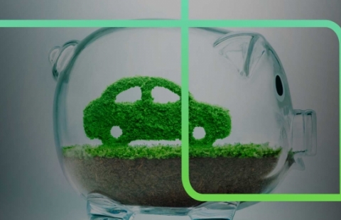 Na imagem tem um carrinho feito de plantas dentro de um porco de vidro simbolizando valor e o P da estapar envolvo na imagem