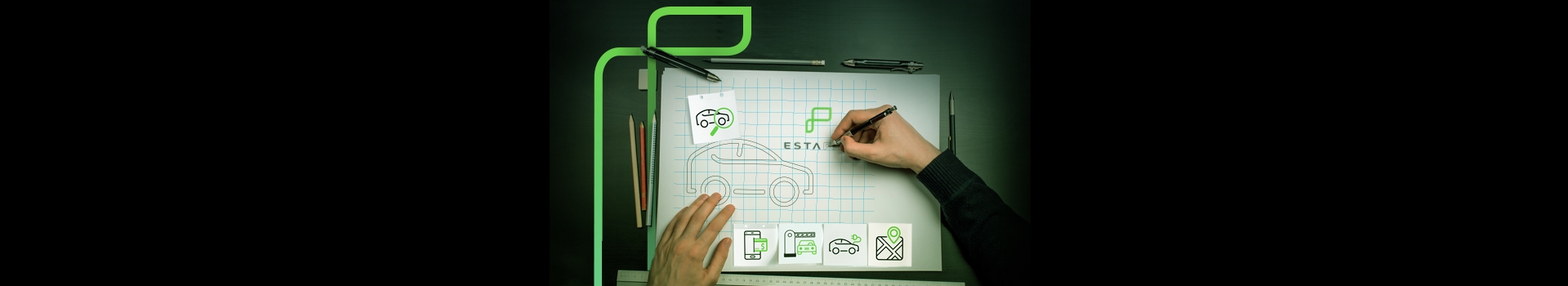 na imagem tem uma mão desenhando o logotipo da estapar e alguns icones que condiz com cada produto da empresa