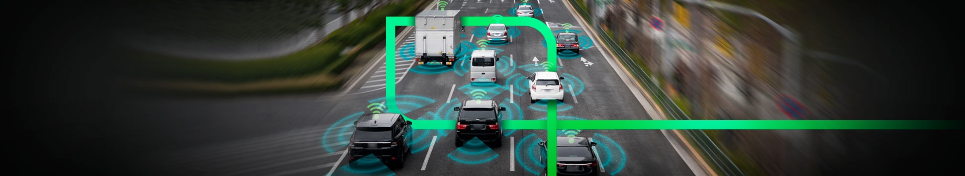 Imagem mostra diversos veículos com sinal de conectividade representando o 5G