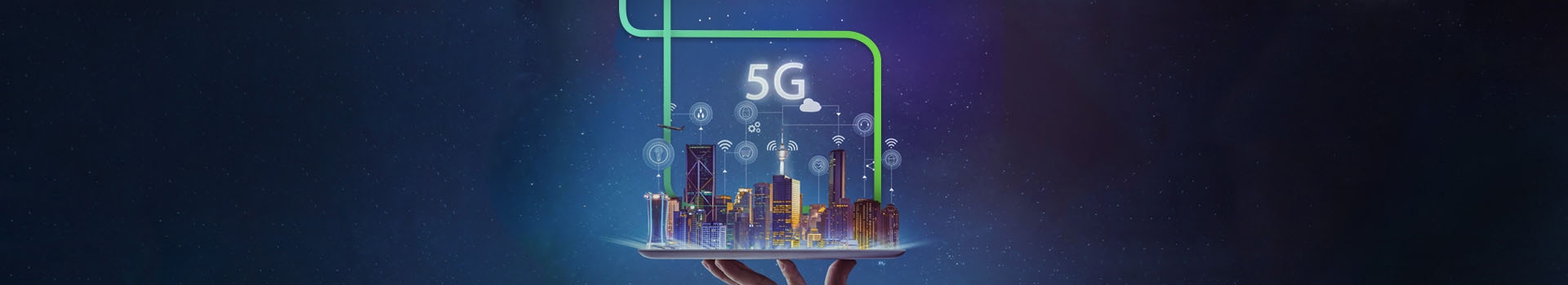 Imagem traz uma mão segurando uma cidade do futuro com vários icones de digitalização e escrito 5G em cima dessa cidade