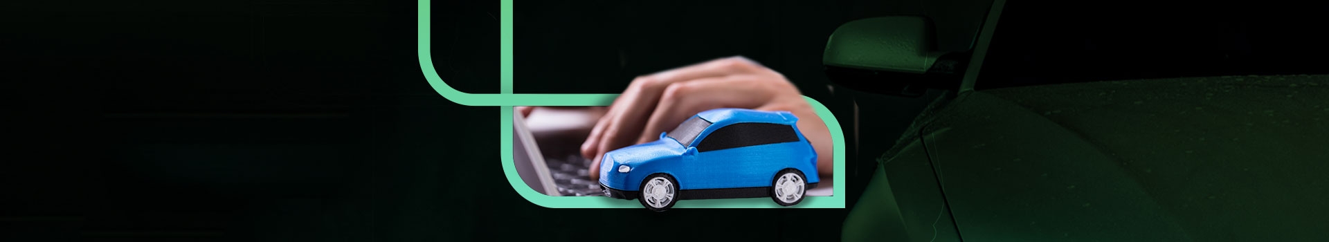 banner com foto de um carro azul próximo de um mão