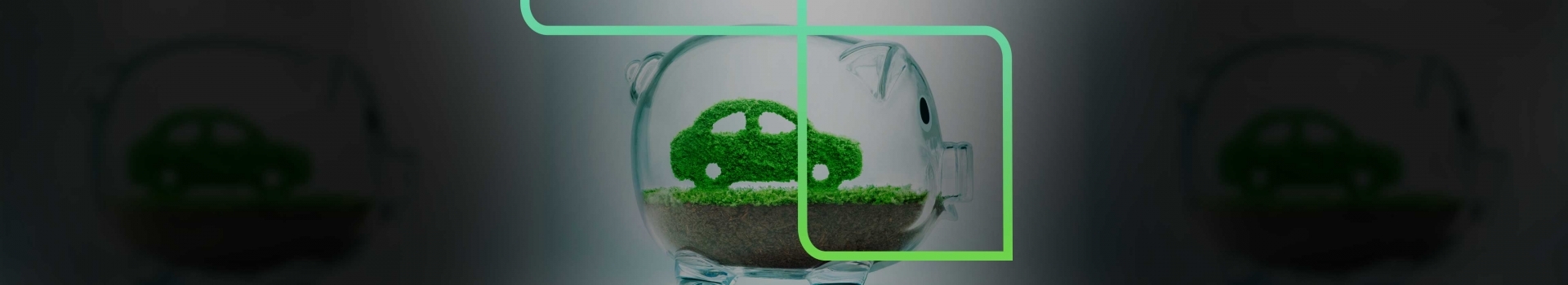 Na imagem tem um carrinho feito de plantas dentro de um porco de vidro simbolizando valor e o P da estapar envolvo na imagem